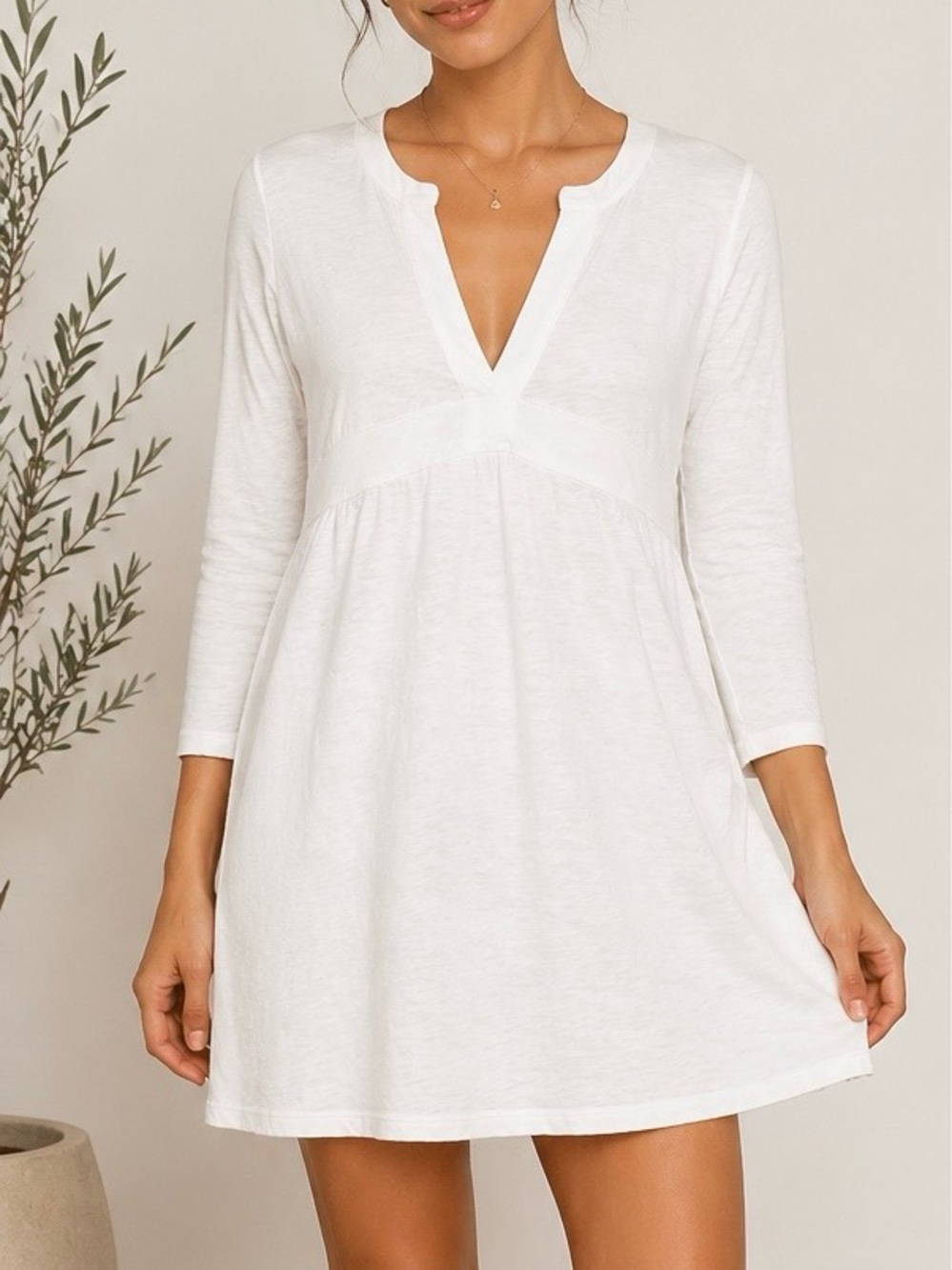 Athleta White Long Sleeve V-Neck Dress Cotton/Modal Size Small
